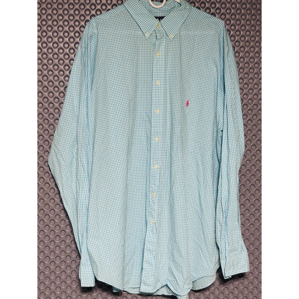 Ralph Lauren Shirt Mens 2XLT Teal Blue Check Long Sleeve Button Down Pink Pony - Picture 2 of 9